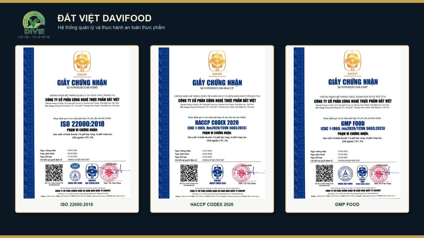 Chuẩn Mực Quốc Tế ISO 22000, HACCP, GMP, Hồ Sơ US FDA & Kiểm Nghiệm Eurofins