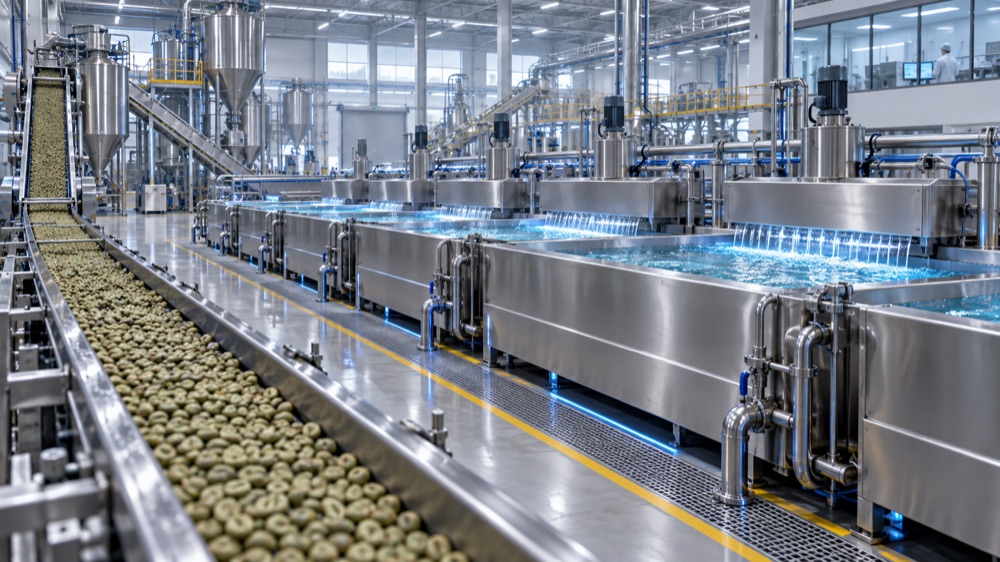 Quy Trình Khép Kín: Bể Siêu Âm Inox 316L – Sấy Tầng Sôi – Rang Hot-Air